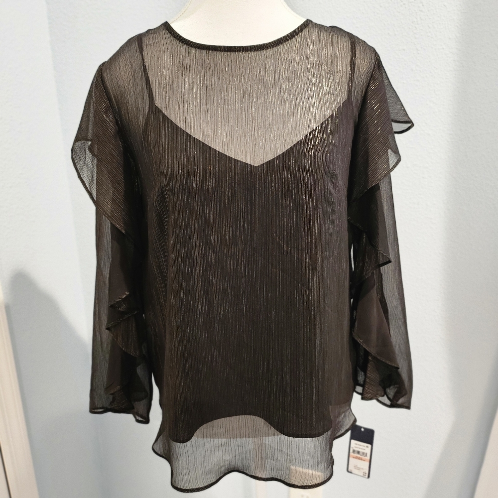 NWT- Rachel Roy Gold Foil Sheer Flutter Sleeve Blouse WhimsyGoth Romantic Size 2
